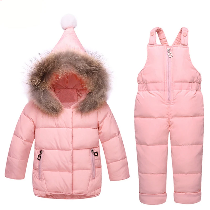 

Russia Winter Children Clothing Baby Ski Suit Parka White Duck Down Jacket + Overalls Girls Clothes Sets Thick Warm Outerwear