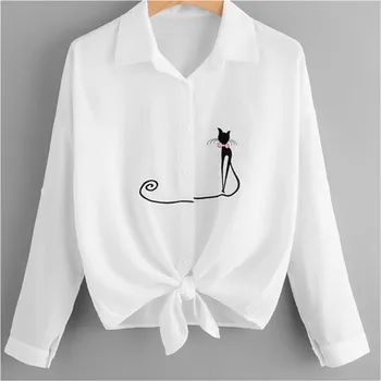 

Ladies Turn-down Collar Elegant Shirt Women Crop Tops Long Sleeve Loose Casual Embroidered Cat Party Blouse Women Crop Top