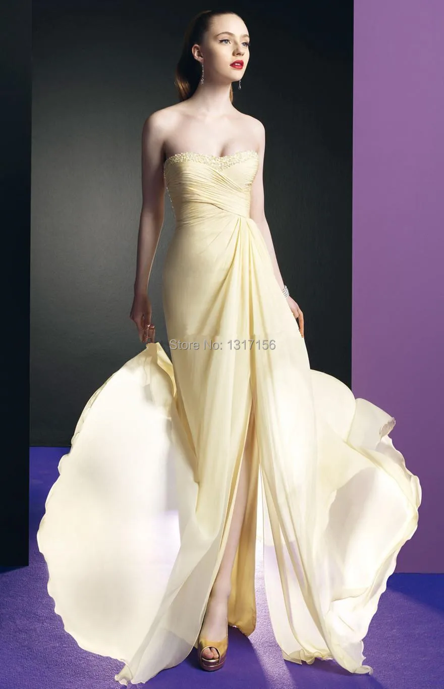 Sexy Sweetheart beading Light Yellow Chiffon 2014 Vintage Evening Dresses Sleeveless Backless Zipper Side Split Prom Gowns | Свадьбы и