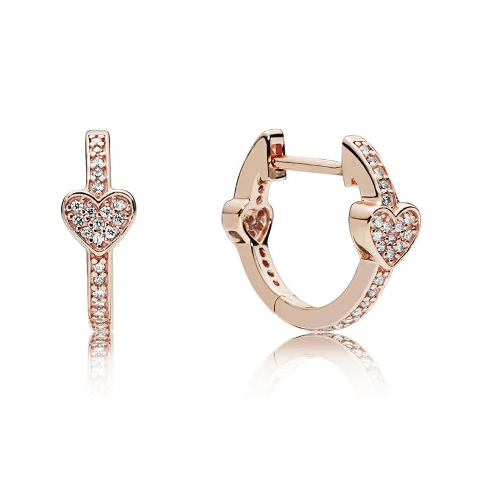 

Authentic S925 Sterling Silver Women Jewelry Lady Earrings Girl Birthday Gift Alluring Hearts Hoop Earrings Rose & Clear CZ