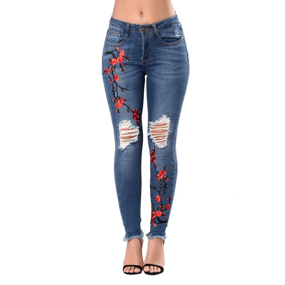 Eastdamo 2017 Blue High Waist Women Embroidered Jeans 3D