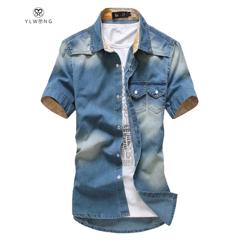 2017 Gradient Men Denim Shirts Short Sleeve Camisa Chambray Mens Dress