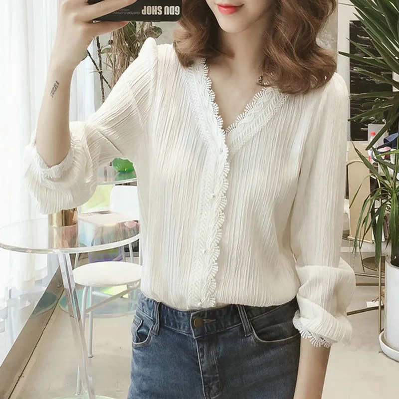 Female Lace Cuff Blouse White Blouse V Neck Long Sleeve Cut Out Lace ...