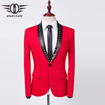 

Plyesxale Red Shawl Collar Blazer Men Crystal Designs Groom Wedding Blazers Man Stage Blazer Jacket Singer Costume Homme Q470