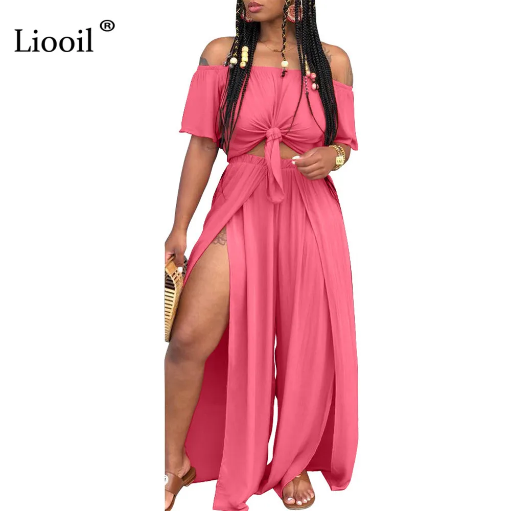 

Liooil Off The Shoulder 2 Piece Outfits For Women Tracksuit Slit Loose Two Piece Set Top And Pants New Arrival 2019 Matching Set