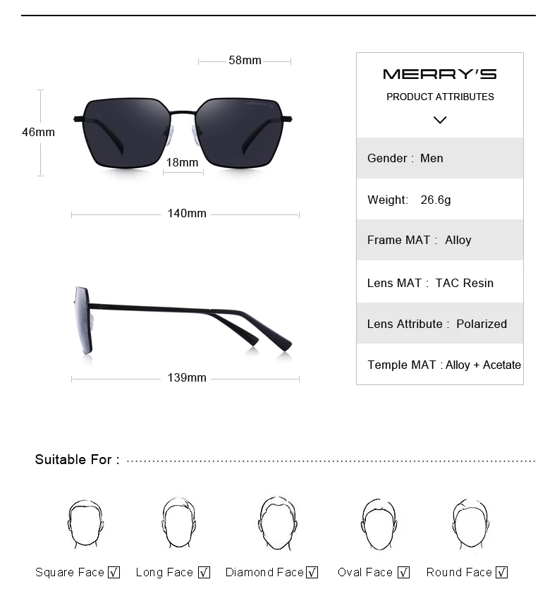 MERRYS, дизайнерские мужские классические прямоугольные солнцезащитные очки, авиационная оправа, HD поляризационные солнцезащитные очки для мужчин, для вождения, защита от уф400 лучей, S8320