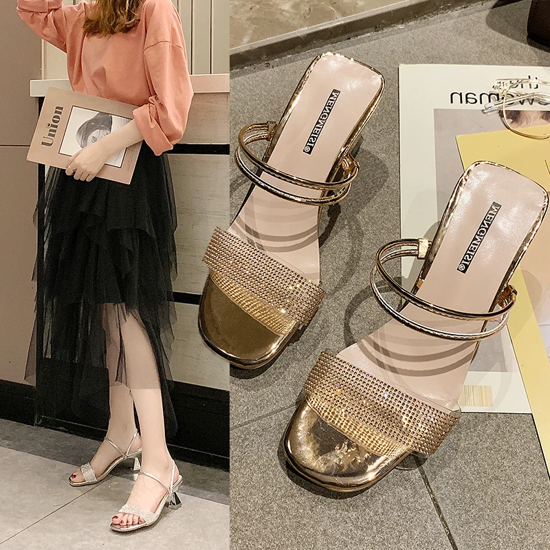 

Summer New 2019 Fashion Crystal Slippers Women High Heel Open toe Sandals Casual Dress Strange Style Rome Slipper Shoes Woman