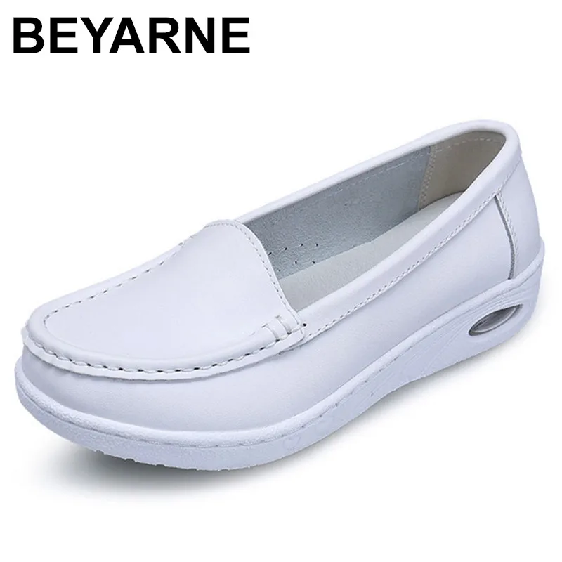 

BEYARNE Four Seasons 2018 Woman Pure white Nurse shoes women Platform soft Comfortable Air cushion casual genuine leather