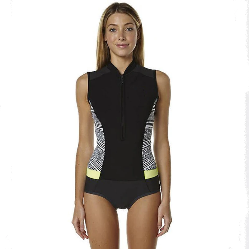 Swimsuit Women's One Piece Professional Sport Neck Knee-length Zipper Patchwork Front Zip Sleeveless Sexy Running Swimsuit 2054