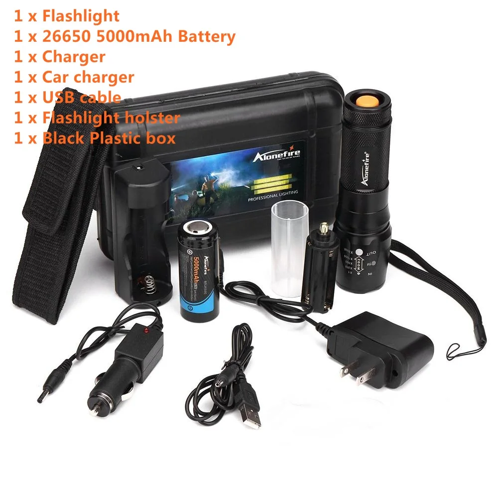 

ALONEFIRE X801 CREE XML T6 LED 2000LM Zoomable tactical Flashlights torch +26650 Battery usb charger
