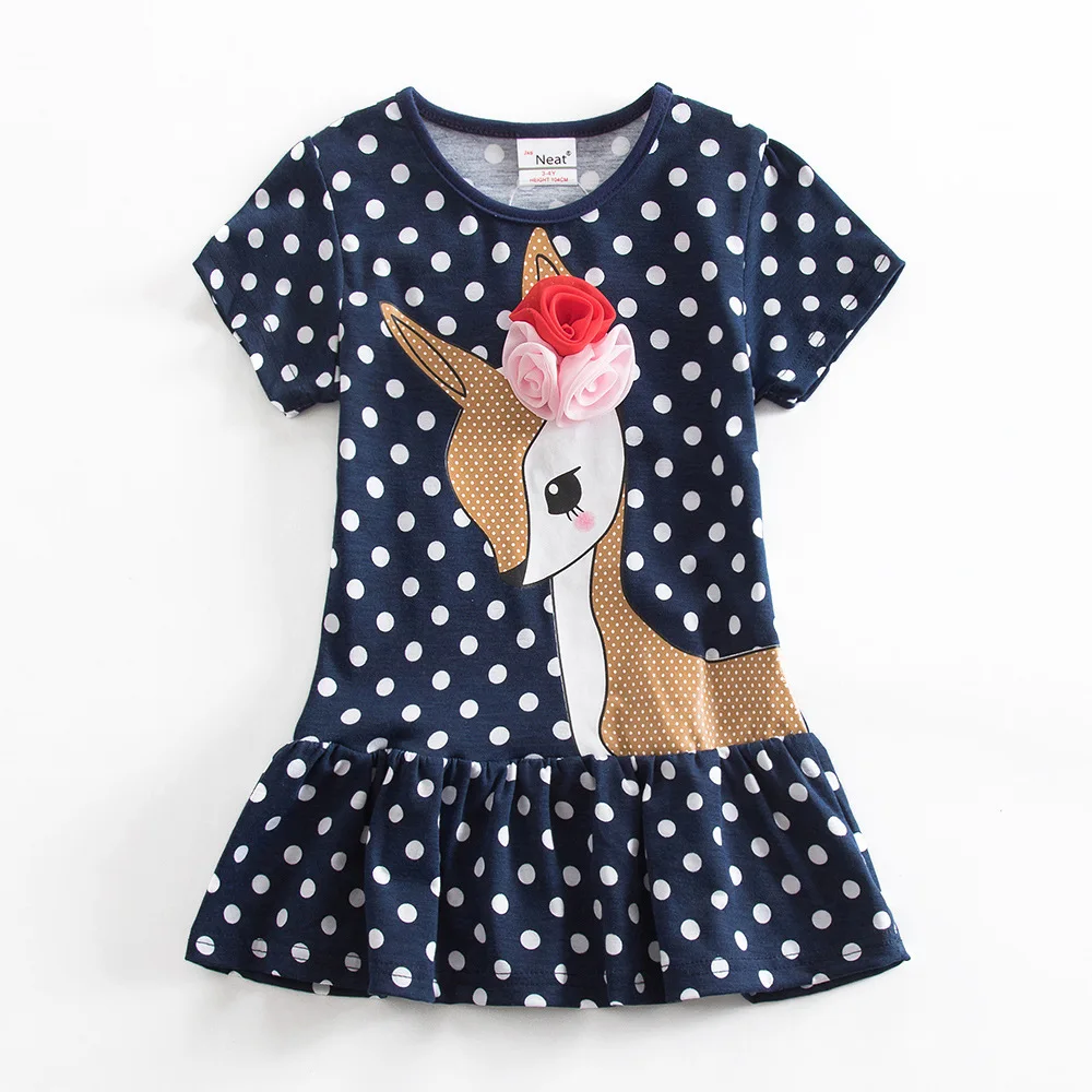 

Cute Fawn Girls Dress Fit 2-8T Cotton Children Cartoon Vestidos 2 Color Dress A-Line Sweet Costume for Kids Dot Baby Clothes
