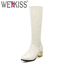 WETKISS/новые толстые женские сапоги на высоком каблуке из Pu искусственной кожи обувь на молнии с круглым носком г. весенние модные сапоги до колена женская обувь