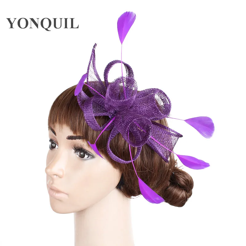 

Purple sinamay wedding hair fascinators hats on hair combs party headwear elegant women chic red feather hair accessories SYF231