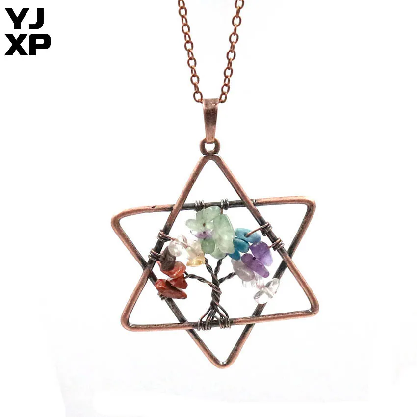 

YJXP Retro Red Copper Star of David Pendant Necklace Natural Gravel Rock Stone Handmade Tree of Life Chakra Meditation Jewelry