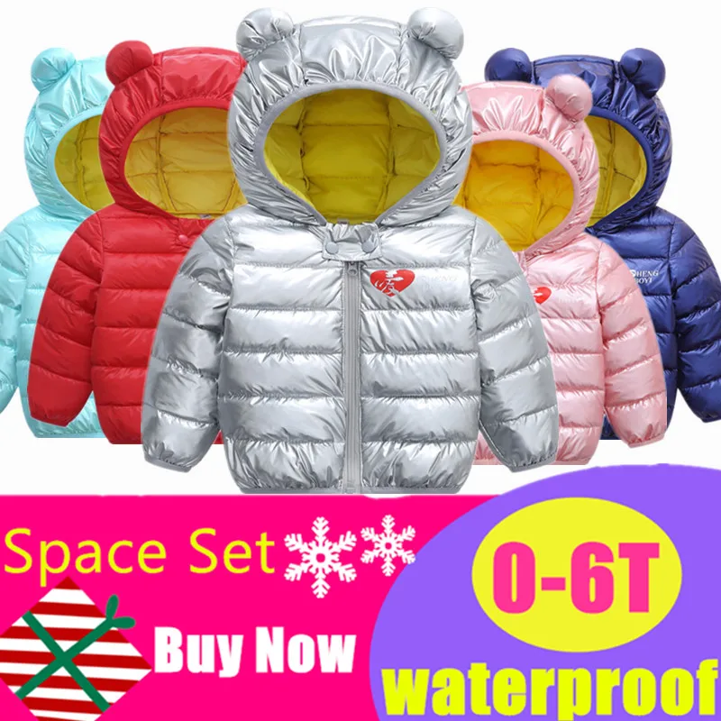 

New Winter Space Silver Baby Kids Cotton Jackets Baby Boys Girls Hot Stamping Cotton-padded Outerwear Coats Child Hooded Jacket