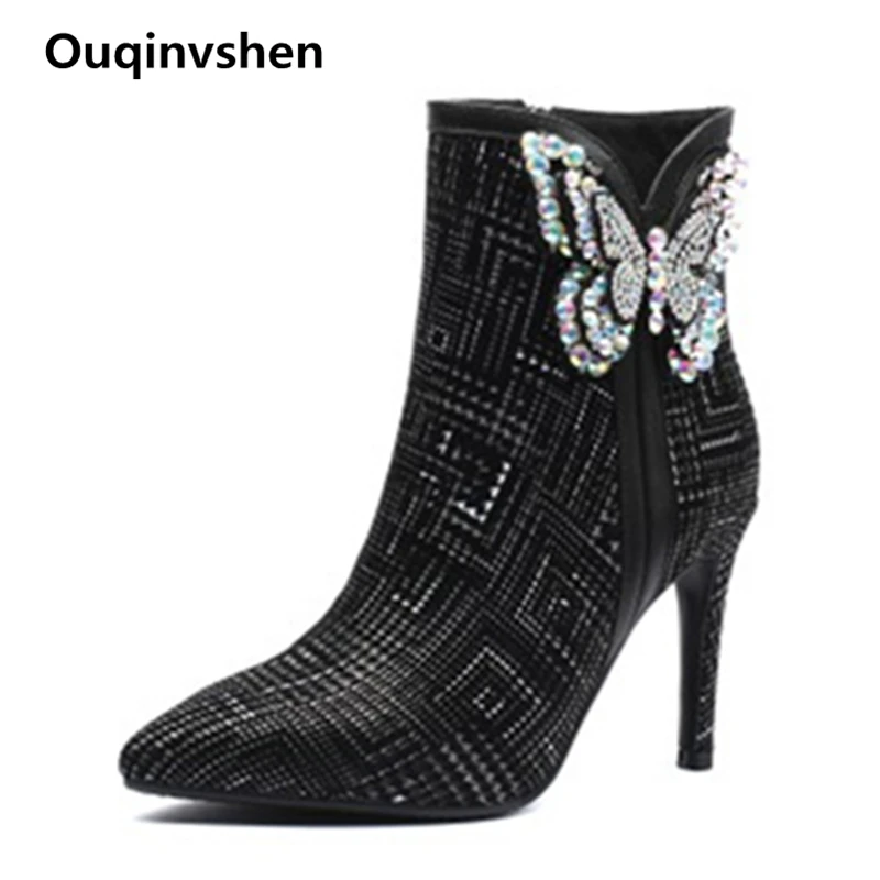 

Ouqinvshen 2018 New Pointed Toe Sexy Black Women Ankle Boots Elegant Autumn Plus Size Boots High Heels Kid Suede Winter Boots