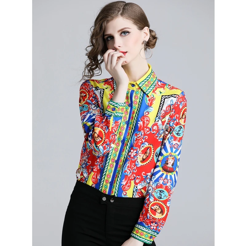 Fashion new Spring Autumn women turn-down collar casual European style pattern print shirts long sleeve office lady work |