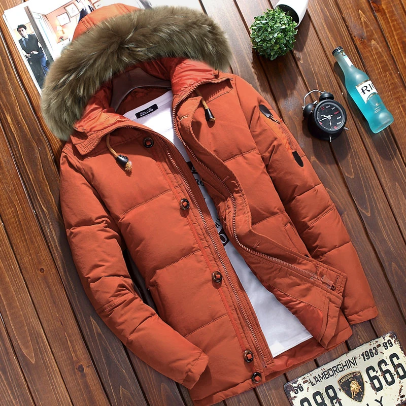 Winter Men's thick hooded down jacket Casual mens Solid color White duck down coat with fur collar male warm zipper outwear Top Winter Men's thick hooded down jacket Casual mens Solid color White duck down coat with fur collar male warm zipper outwear Top