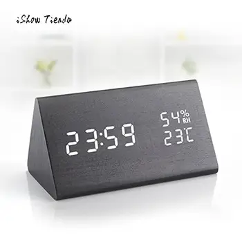 

Wooden Digital Alarm Clock with 3 Levels Adjustable Brightness/3 Groups of Alarm Time Displays Date Temperature Modern Clock