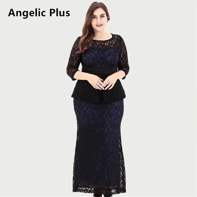 

Angelic Plus 2019 Hot sale Spring Lady's O-neck Long Party wedding Prom Elegant Dress Plus Size Maxi Lace dress for Women