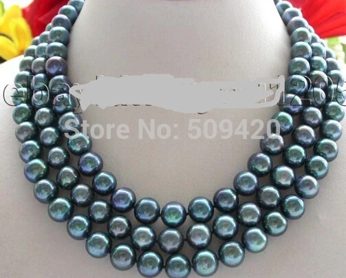 

FREE SHIPPING>>@>>3rows Genuine Natural 10mm Peacock Round Pearl Necklace