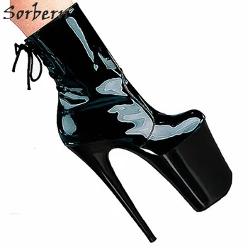 

Sorbern Black Patent Leather Ankle Boots For Women 20Cm Extrem High Heels 10Cm Platform Shoes Women Pointed Toe Lace-Up Back