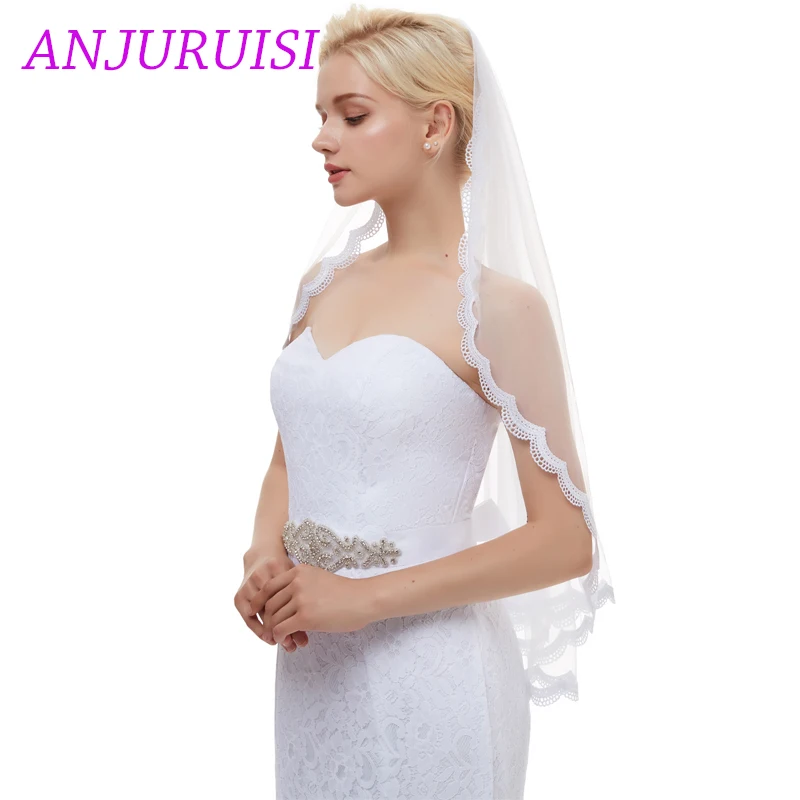 

ANJURUISI Elegant Shoulder Length Veil Lace Edge One Layer Wedding Veil Ivory White Tulle Bridal Veil In Stock With Comb Real