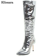 Elissara/пикантные женские вечерние туфли на молнии, женские сапоги до колена на высоком каблуке-шпильке ботинки с острым носком серебристого цвета размера плюс 33-43