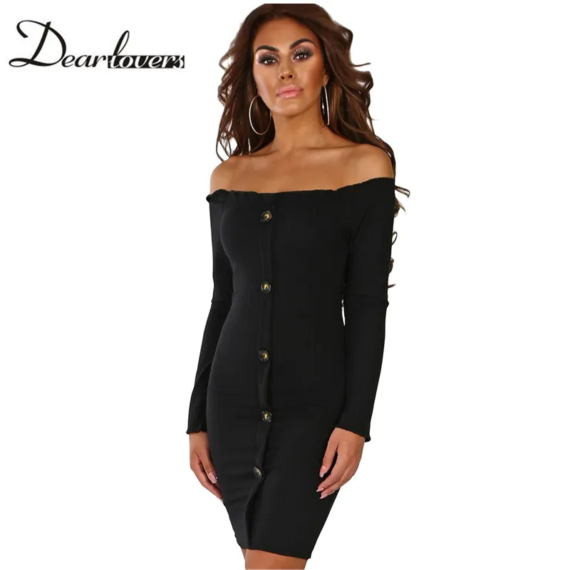 Black-Button-Front-Ribbed-Bardot-Mini-Dress-LC610557-2