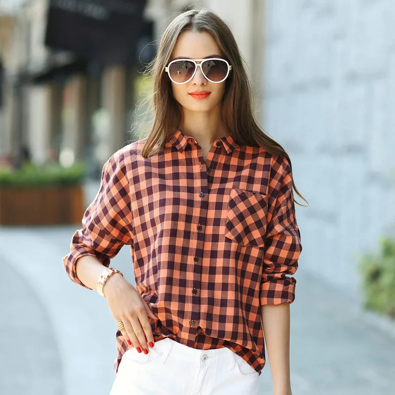 veri gude משובץ החולצה הנשים loose חולצה הדפסת מכתב שרוול ארוך כותנה בד