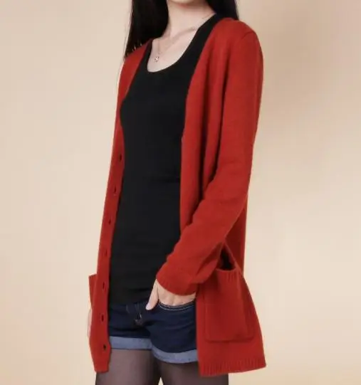 Осенний и зимний кашемировый кардиган, женский длинный свитер, женская верхняя одежда с v-образным вырезом, шерстяное пальто, модный свитер - Цвет: rust red