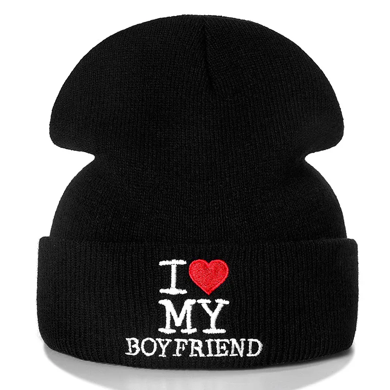 Новинка унисекс пара Beanie I LOVE MY BOYFRIEND письмо повседневные зимние шапки для мужчин женщин теплая вязаная шапка модная однотонная шапка - Цвет: Boyfriend Black