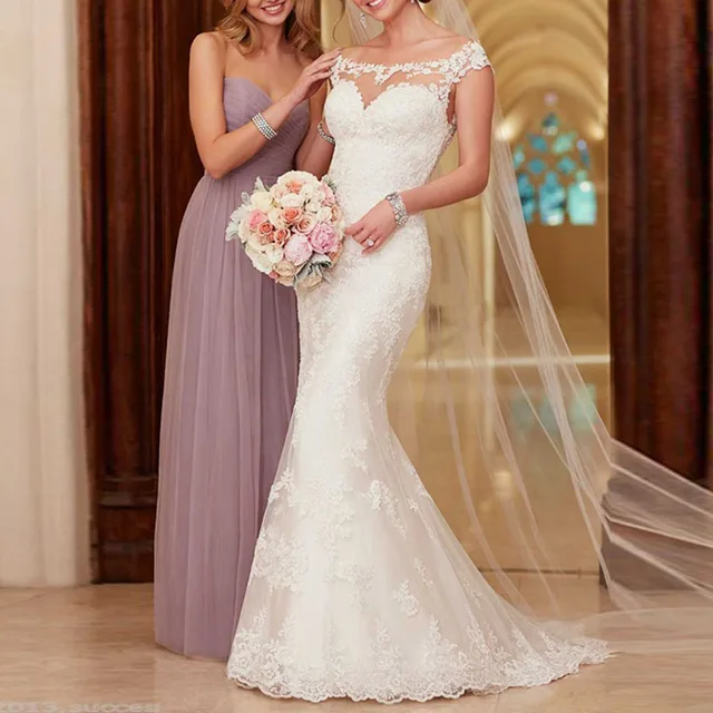 blanco vestido de novia de encaje apliques tren de la corte sirena