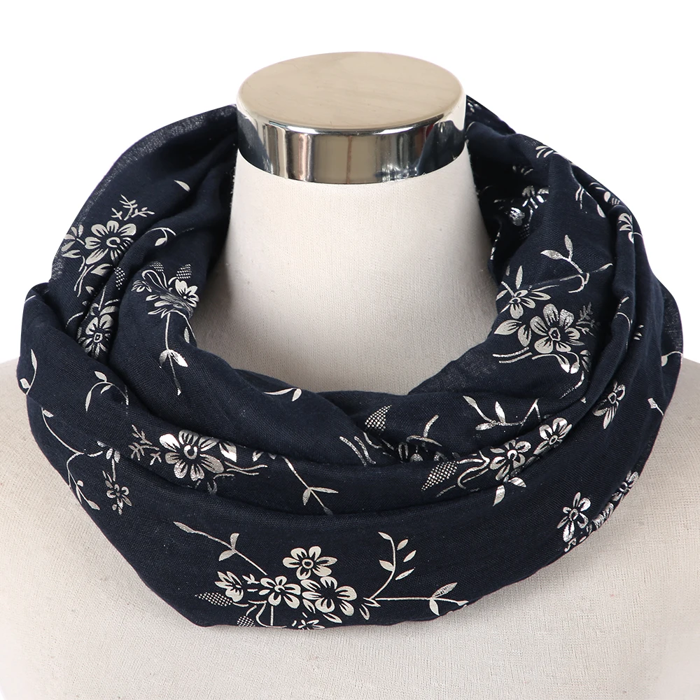 

Winfox 2019 Fashion Navy Black Shiny Foil Sliver Round Scarf Female Floral Glitter Foulard Loop Snood Scarf Shawl For Ladies