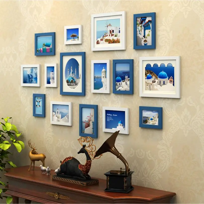 15 pcs/set Wooden Photo Frame Family,Picture Frame Wall,Blue White Black Wedding Photo Frames