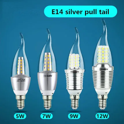 E14 Silver tail Светодиодный Светодиодная лампа E14 E27 5 W 7 W 9 W 12 W 220 V светодиодный свет свечи белый свет/теплый белый светодиодный наконечник пузырь серебро/золото - Испускаемый цвет: E14 Silver tail