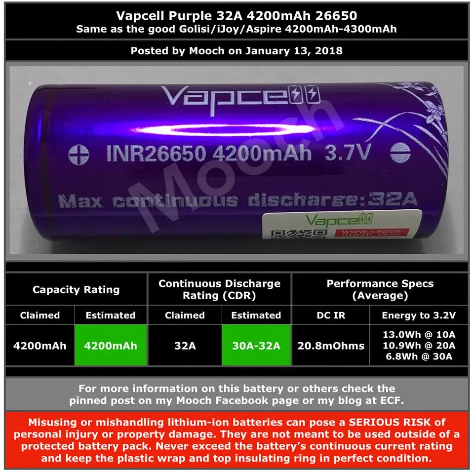 Аккумуляторная батарея Vapcell 26650 емкостью 4200 мАч-4300 мАч 32А, литий-ионный аккумулятор