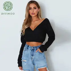 DIYINOO осень-зима новая сексуальная Офисная Леди Midriff-Baring v-образный вырез флисовая толстовка женская короткая однотонная полная длина