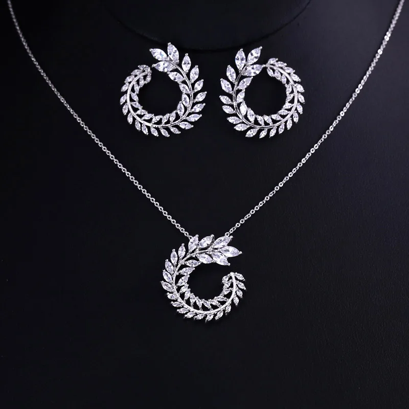 

Small Pendant New design luxury AAA zircon olive branch shape pendant Set for women,high quality party/wedding