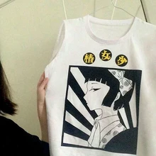 Камелии для девочек свободные белые футболки с персонажами из аниме, летняя хлопковая BF Стиль Футболка Модные Повседневное милые, с короткими рукавами, футболки, топы