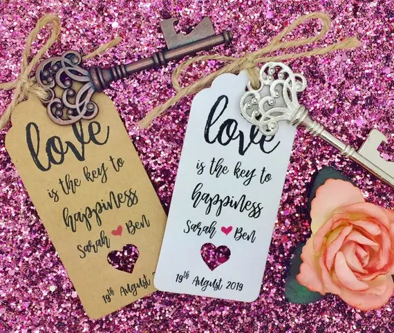 

personalised any text Bottle Opener Wedding Favour With Tags, custom The Key to Happiness is love favor gifts tags