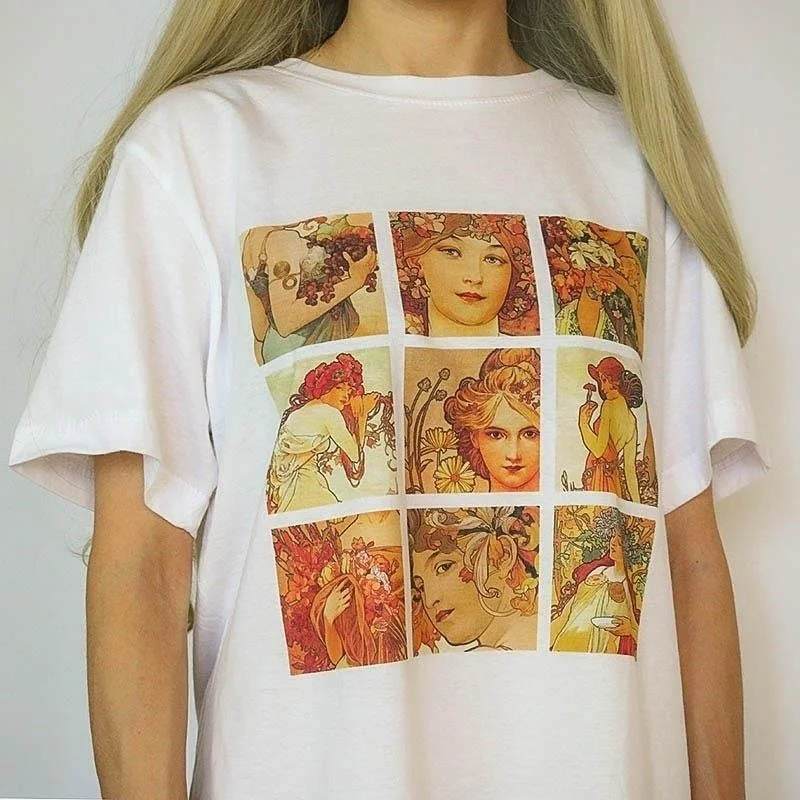

sunfiz YF Alphonse Mucha Art Print Tshirt Summer Fashion Unisex Top Short Sleeve Cotton T shirt