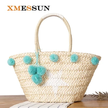 

XMESSUN Brand Fashion Straw Beach Bags Hand Knitting Women Handbags Casual Bucket Bag Luxury Design Summer Shoulder Bag C13