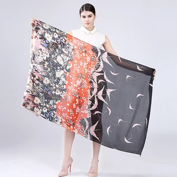 

Marte&Joven 180*90 Soft Floral&Bird Pattern Ladies Silk Bandana Shawl Women Thin Long Scarves Hijab Elegant Neck Scarf Foulard