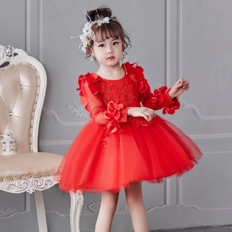 Коллекция года, весенние платья для девочек, с оборками, с цветочным рисунком, с рукавами, платье принцессы - Цвет: KLS018 Red
