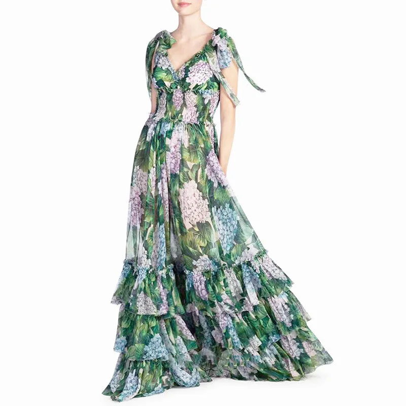 CAMIA Summer Green Layered Floral Print Dress V