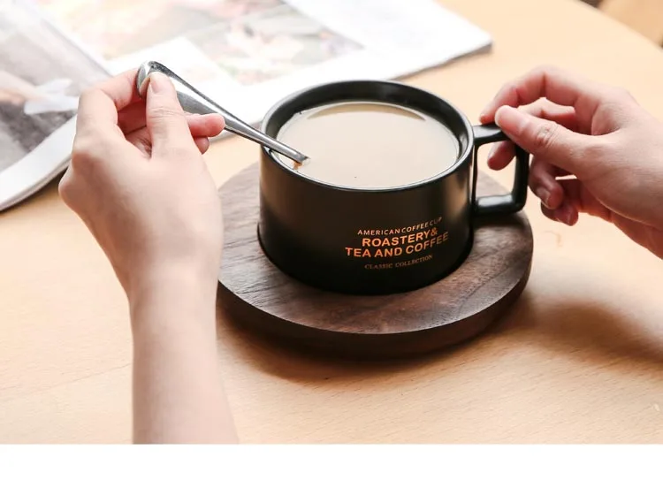 300 мл креативная кофейная чашка в американском стиле, керамическая кружка с деревянным блюдцем, кофейная кружка, чашка для завтрака, молока, сока, кофейная посуда, аксессуары