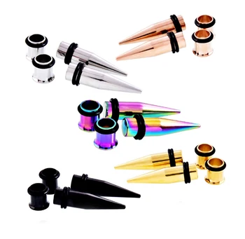 

4Pcs Tapers with Plugs Steel Single Ear Gauge Stretching Kit Stainless Steel Tapers and Plugs Set Eyelet Black Color Gold Silver