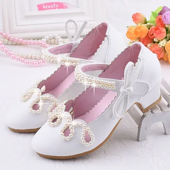 

NEW Kids Princess Shoes With Beading For Girls Dress Shoes Little High Heel Glitter Summer Party Wedding Leather Children Shoes