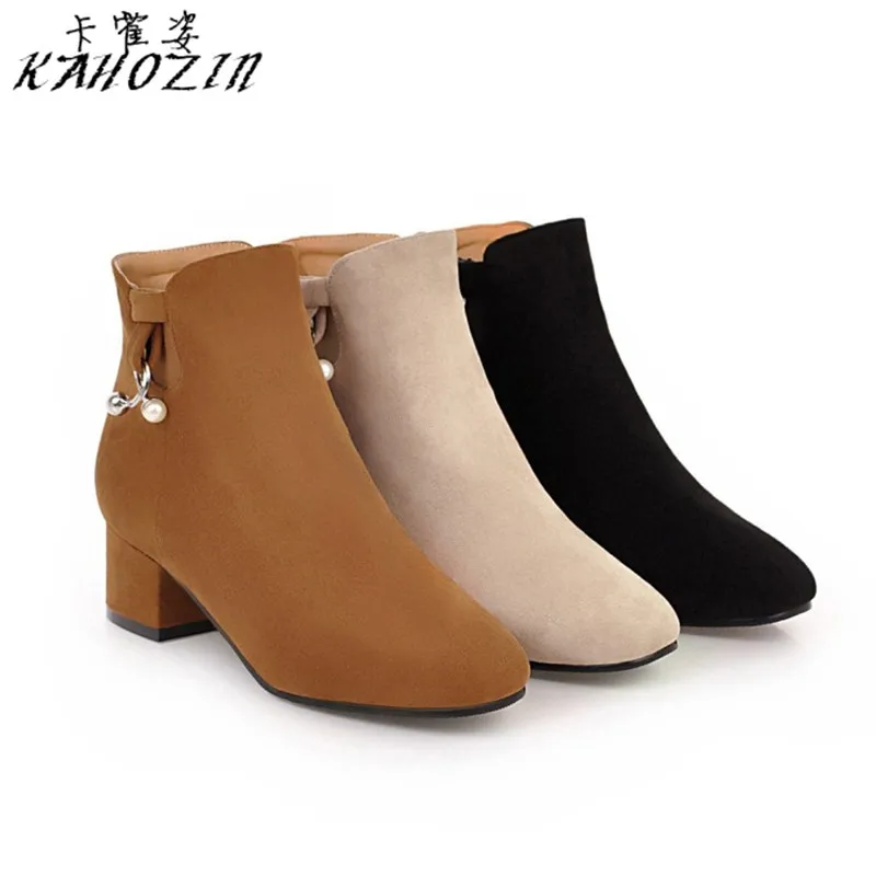 

Kahozin High heel ankle boots for women Spring/Autumn Square heel suede Zip Bead casual fashion nice shoes large size34-45